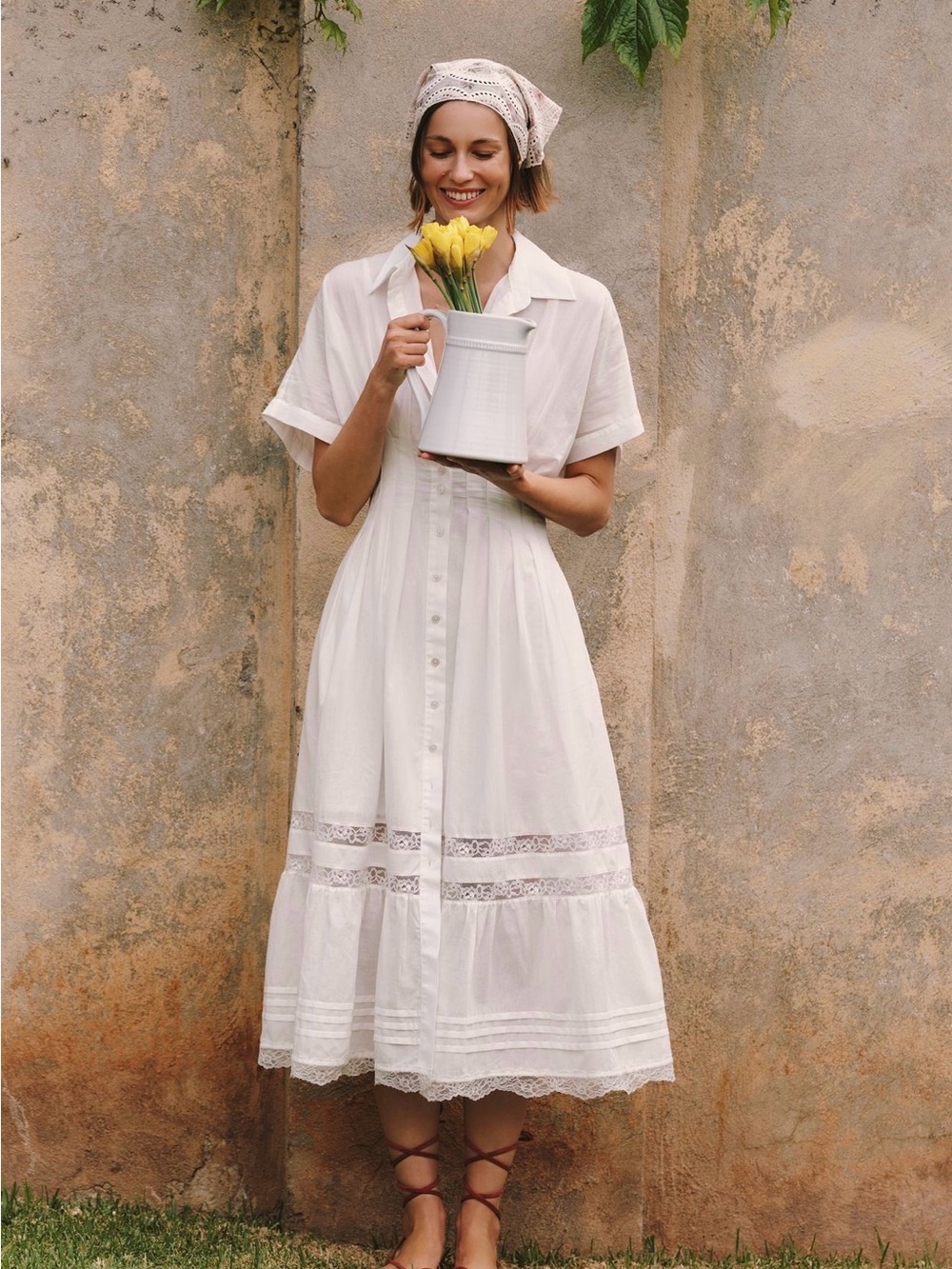 Exquise Tobie Women's White Button-Front Midi Dress with Lace Trim NWT